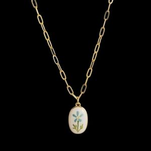 NWT - 18k Gold Blue French Floral Tile Pendant Necklace